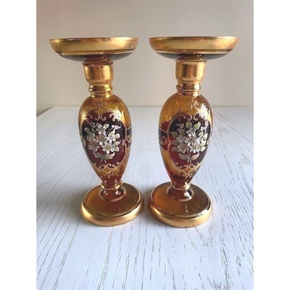 2 Venetian Handblown Crystal Murano Amber Gold Glass Candlestick Holders Vintage